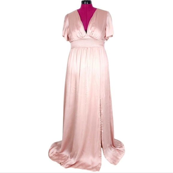 Baltic Born Dresses & Skirts - Baltic Born Dress Rose Prague Satin Maxi Deep V Neck Smocked Waist Size L